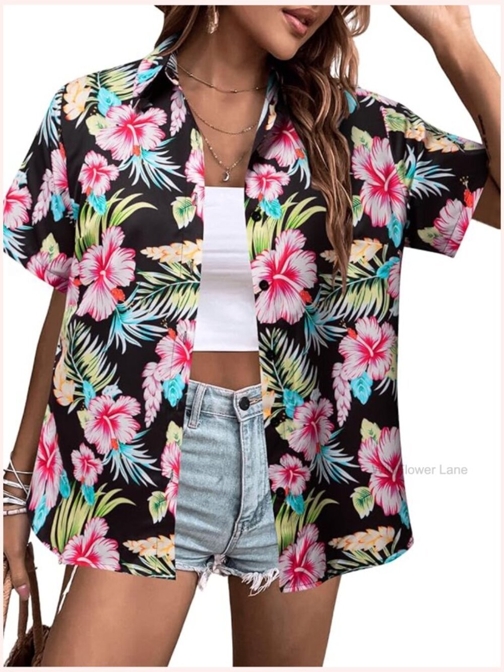 Women's Hawaiian Floral V-Neck Button Down Short Sleeve Blouse